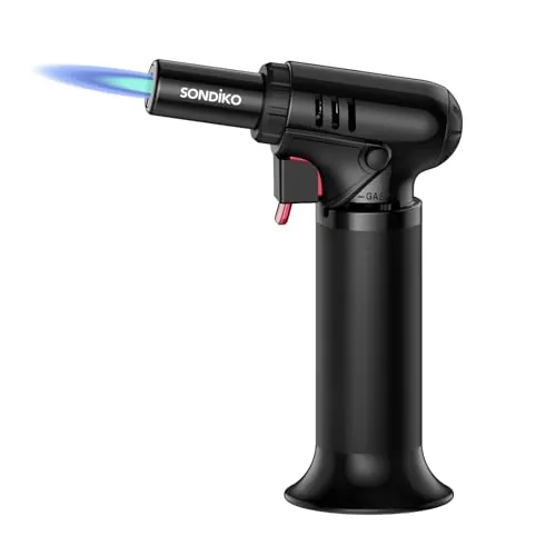 Sondiko Soplete de Cocina S907, Soplete Cocina con Indicador de Combustible, Soplete Recargable con Bloqueo de Seguridad y Llama Ajustable, Soplete Pequeño Para Crema Catalana (Gas No Incluido)