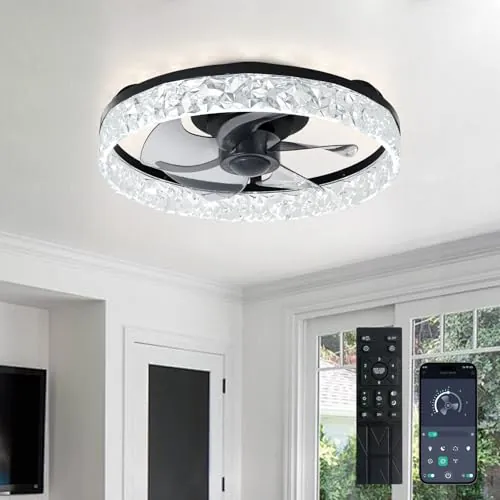 Depuley Ventiladores de techo de 16 pulgadas con luz: Ventilador de techo empotrado LED con control mediante aplicación - Luz regulable para ventilador de dormitorio - Negro