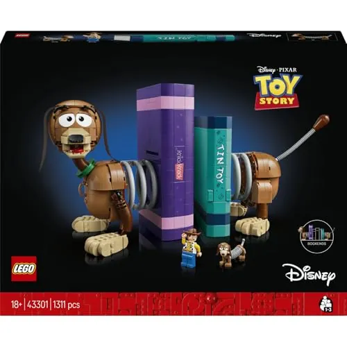 LEGO Disney Pixar Toy Story: Sujetalibros de Slinky 43301 | Set para adultos, sujetalibros de estantería, figura de Woody y de perro salchicha, regalo de cumpleaños, 1311 piezas