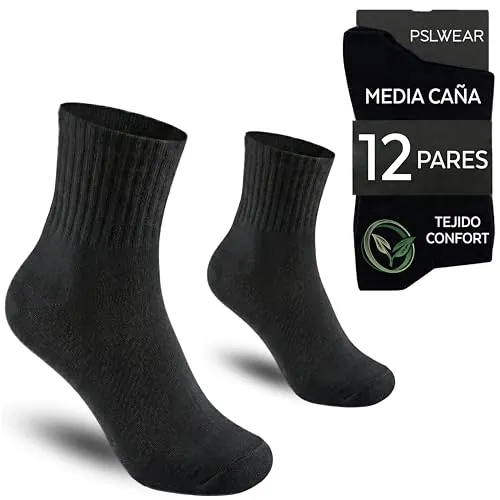 PSL WEAR 12 Pares | Calcetines Deportivos Negros Hombre | Calcetines Media Caña Algodon para Verano, Crossfit, Futbol, Gimnasio, Running y Uso Diario