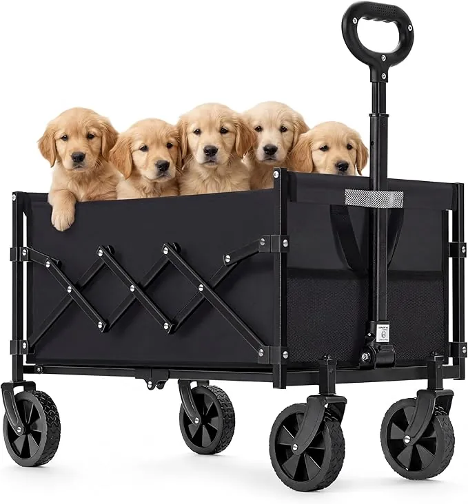 SONGMICS Carro de Mano Plegable, Carreta, Carrito de Jardín, Compacto y Pequeño, con Asa, con 4 Ruedas Reforzadas, 2 Universales, Carga hasta 180 kg, 90 L, Exterior, Negro Tinta GFW909B01