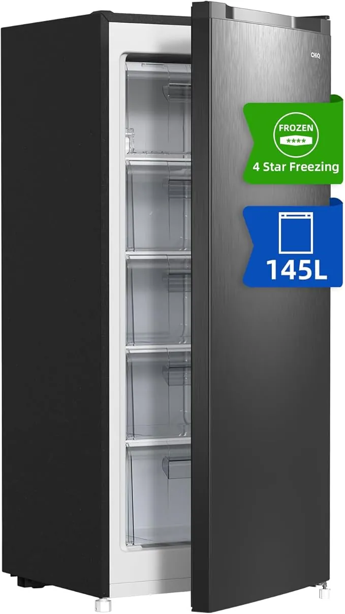Congelador vertical independiente CHiQ, 145L de capacidad, congelación rápida, termostato ajustable, silencioso, puerta reversible, negro, clasificación energética E