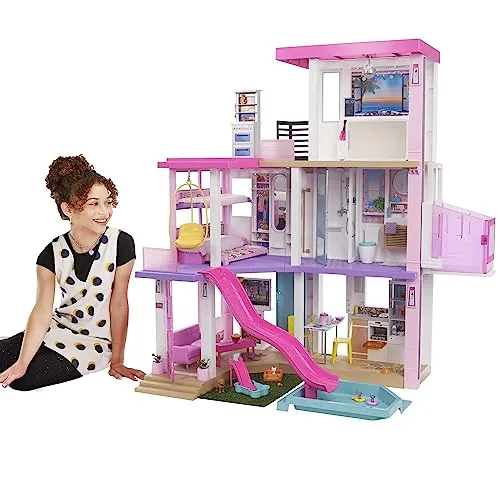 Barbie Casa de Muñecas Dreamhouse - con Piscina, Tobogán y Ascensor - Luces y Sonido - 75+ Piezas - 104 x 109 cm - Regalo para Niños de 3-7 Años, GRG93