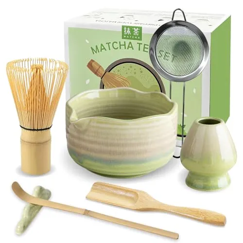 JBER Matcha Kit 7 Piezas - Kit Té Matcha de Ceremonia Japonesa con Tazón con Pico, Batidor de Bambú y Accesorios Completos, Juego de Matcha para Amantes del Té Matcha, Gradiente Amarillo Verdoso