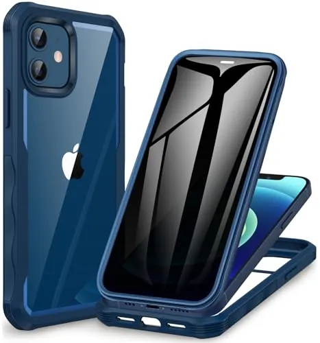 CENHUFO Antiespia Funda iPhone 12/iPhone 12 Pro, con Protector de Pantalla de Cristal Templado Anti espia, 360 Grados Antigolpes Privacidad Case Doble Cara Carcasa para iPhone 12/12 Pro - Azul