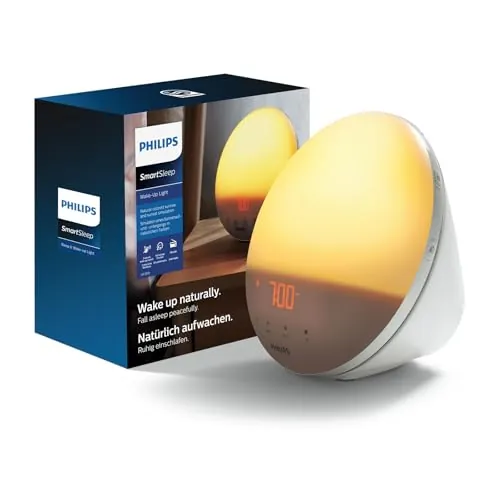 Philips SmartSleep Wake-up Light – Luz de cabecera y despertador, Simulación del amanecer de colores, 20 niveles de brillo, 6 sonidos naturales, Función de luz nocturna, Modelo HF3521/01
