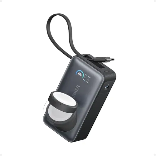 Anker MagGo Power Bank para Apple Watch, Batería Compacta de 10.000 mAh con Certificación Oficial y Cable USB-C Integrado, 35 W Máx., para iPhone 17/16/15 Series, Samsung, iPad, AirPods y Más