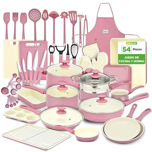 Nutrichef set de 54 piezas, Juego completo de ollas y sartenes, Antiadherentes, Compatible con cocinas de gas, Electricas e induccion
