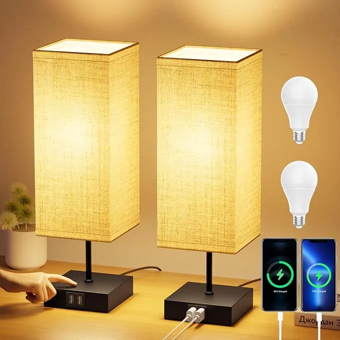 Lamparas de Mesita de Noche, Lámparas de Mesa con 2 Puertos USB de Carga Rrápida, 3 Temperaturas de Color y Regulación Continua, 2 Bombillas E27 de 6W para Dormitorio, Ssalón, Ooficina