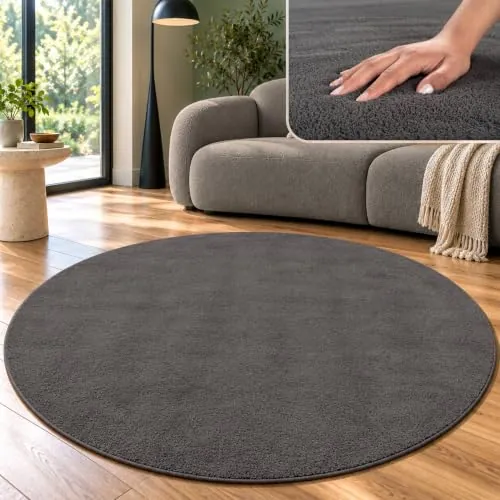 TT Home Alfombra Salón Antracita 160 cm Redondo Lavable y Pelo Corto | Alfombra Moderna y Suave, Fácil De Limpiar y Antideslizante, Ideal Para Salón, Dormitorio, Habitación Infantil y Pasillo