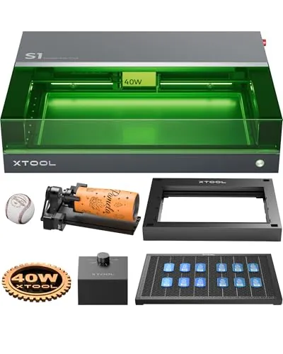 xTool S1 40W Grabador Láser Kit Todo en Uno, con Rotativo, Riser Base, Sistema de Aire Inteligente y Panel, Seguridad Cerrada, Enfoque Automático, 498 * 330mm, Cortadora Laser para Madera, Acrílico