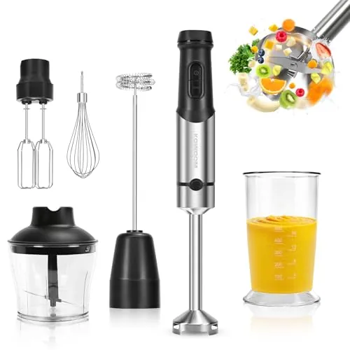 Batidora de Mano 1200W - 12 Velocidades + Turbo | Para Sopas, Purés Salsas y Batidos | Incluye Vaso Medidor 800ml, Picadora 600ml y Espumador de Leche | Acero Inoxidable | Fácil de Limpiar
