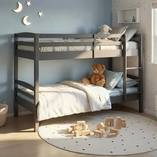 Inter Link - Litera Infantil - Pino Macizo - con Escalera - 2 plazas 90 x 200 cm - con 2 somieres - Barandilla de Seguridad - Lavius - Barniz Gris - 90 x 200 cm
