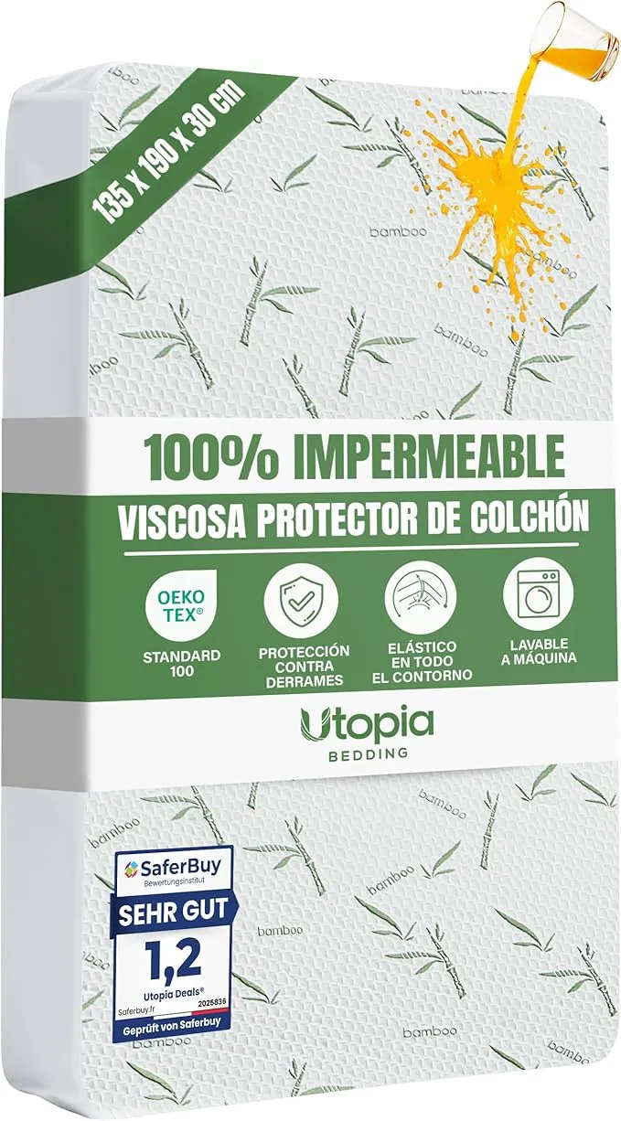 Utopia Bedding Protector de Colchón 135 x 190 x 30 cm Impermeable, Viscosa Premium, Certificación Oeko-Tex, Cubre Colchón Transpirable, Elástico En Todo