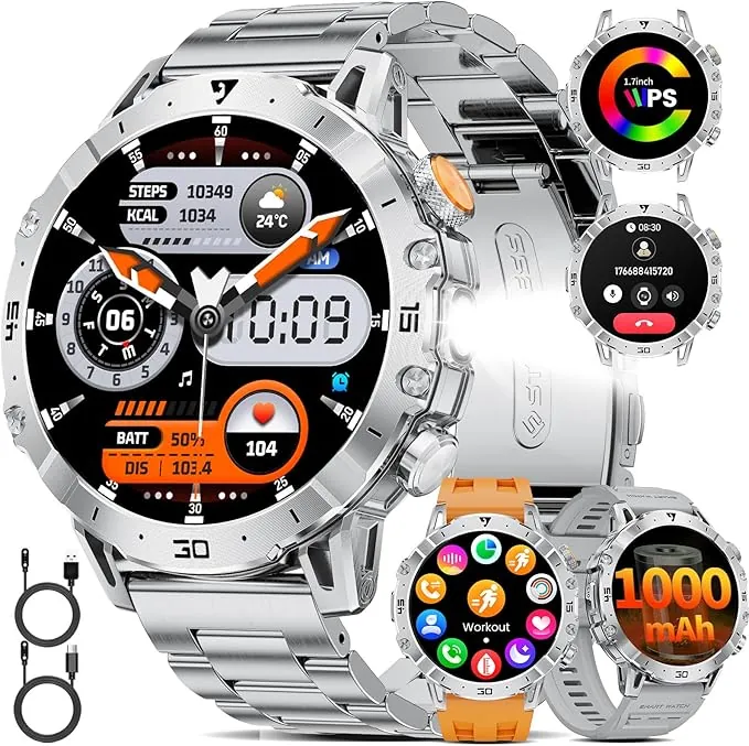 1000mAh Batería Reloj Inteligente Hombre, 1.7'' Smartwatch Hombres con Llamadas Bluetooth, Militar LED Linterna,100+ Modos Deportivos,Pulsómetro,Monitor de Sueño,IP68 de Fitness Reloj para Android iOS