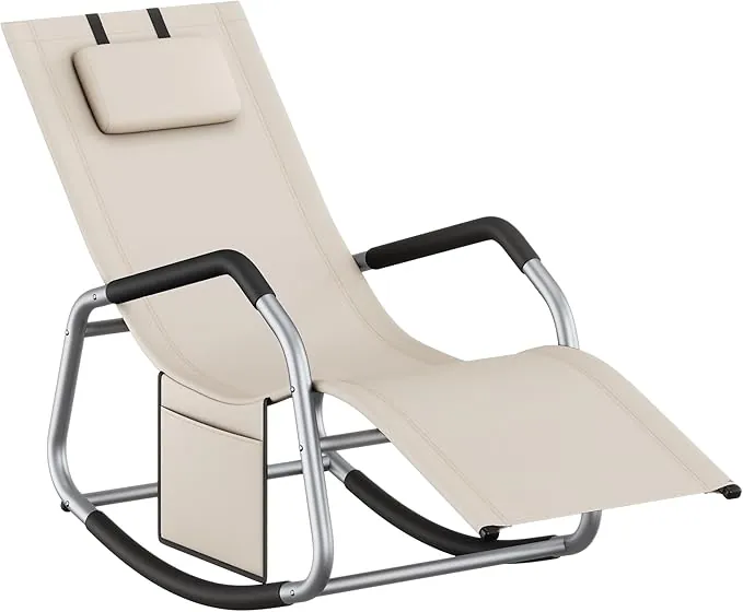 SONGMICS Mecedora, Silla Tumbona, con Dispositivo de Fijación, Cojín Ajustable, Marco de Acero, Tela Transpirable, Bolsillo de Almacenaje, 151 x 56,2 x 97,3 cm, Beige GCB230WZ01