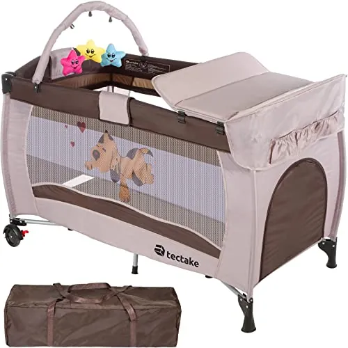 tectake® Cuna Bebe Plegable y Ajustable, Parque Infantil con Corralito y Bolsa de Transporte, Cama Infantil Portátil, Corral para Bebe - 132 x 75 x 104 cm Diseño Tigre Marrón