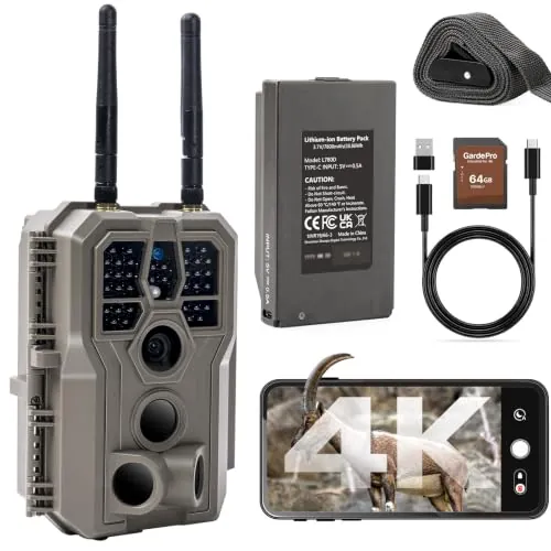 GardePro E8 2.0 Pro Cámara de Caza, WiFi de Doble Antena con Tarjeta SD de 64GB, Batería Recargable 7800mAh, 64MP 4K H.264, Alcance de Visión Nocturna de 30m y 0,1s Tiempo de Activación, IP66