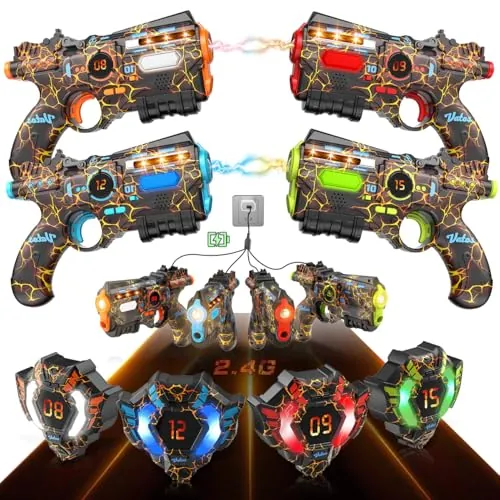 VATOS Recargable Laser Tag Set de 4 Jugadores - 2.4GHz Datos Totalmente Sync 4 Pistola y 4 Sensores Chaleco,Cool Cumpleaños Juguetes e Ideas Laser Tag Pistola para Niños Adolescentes Adultos