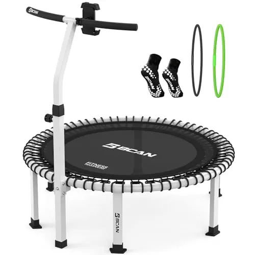 B BCAN BT4 102cm Soft Land Pro Rebounder Trampoline para adultos, capacidad de 227kg (500lb), barra ajustable de tensión con mango, estructura de una pieza (16 calibre), soporte para teléfono y 2