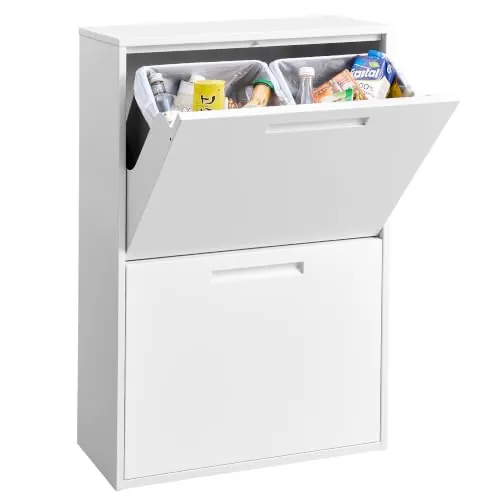 SONGMICS Cubo de Basura Cocina, 4 Compartimentos, 68L (4 x 17L), Acero | Mueble Reciclaje Basura, 63,1 x 24,1 x 92,1 cm, Cierre Suave, Blanco, Colección Berend LTB772WZ01