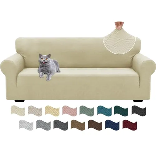 Ystyle Funda Sofa 3 Plazas Ajustable, Fundas para Sofa Elasticas, Funda De Sofa Anti Gatos Perros, Sofa Cover con Reposabrazos, Jacquard Fundas Cubre Sofa Ntideslizante Lavable, Beige Claro