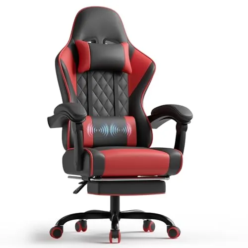 TRIUMPHKEY Silla Gaming Profesional con Masajeador, PU Silla de Juegos con Reposacabezas y Reposapiés,Silla de Oficina Ergonómica con Lumbar de Masaje, Reclinable 90-150°y Capacidad 150KG Rojo-Negro
