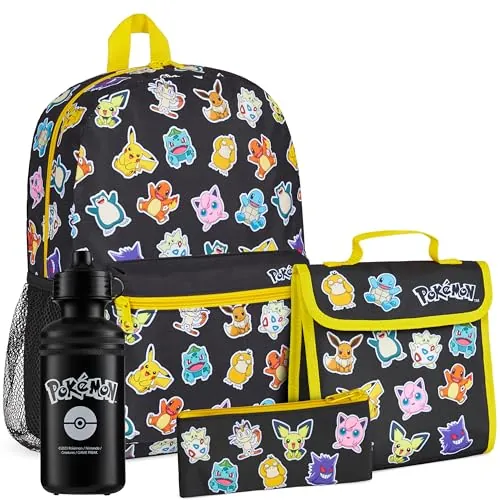 Pokémon Mochila Escolar Set Mochilas Escolares 4 Piezas con Botella de Agua Bolsa Almuerzo Estuche Infantil o Cartera Anime Material Escolar (Negro/Multi Set 4 Pzs)