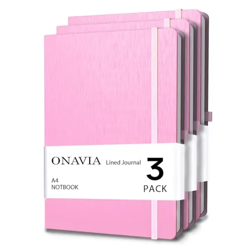 ONAVIA Cuaderno Rayado A4 Cuaderno de Viaje de Tapa Dura, Classic Libreta, Diario Premium Lineas de notas con Bucle de Lápiz, 160 páginas Pack de 3 (Rosa)