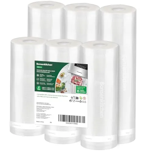 Bonsenkitchen Bolsas vacio Alimentos, 3 Rollos 28 x 600cm + 3 Rollos 20 x 600cm Bolsas Envasar al Vacio Alimentos para Conservación de Alimentos y Sous Vide Cocina & Boilable,sin BPA, VB3211