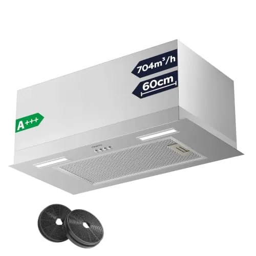 CIARRA CBCS6926A Campana Extractora Encastrable Clase A+++ 704 m³/h 60 cm | Incluido 3 Velocidades LED Iluminación Acero Inoxidable con Filtro de Carbón Activo CBCF003