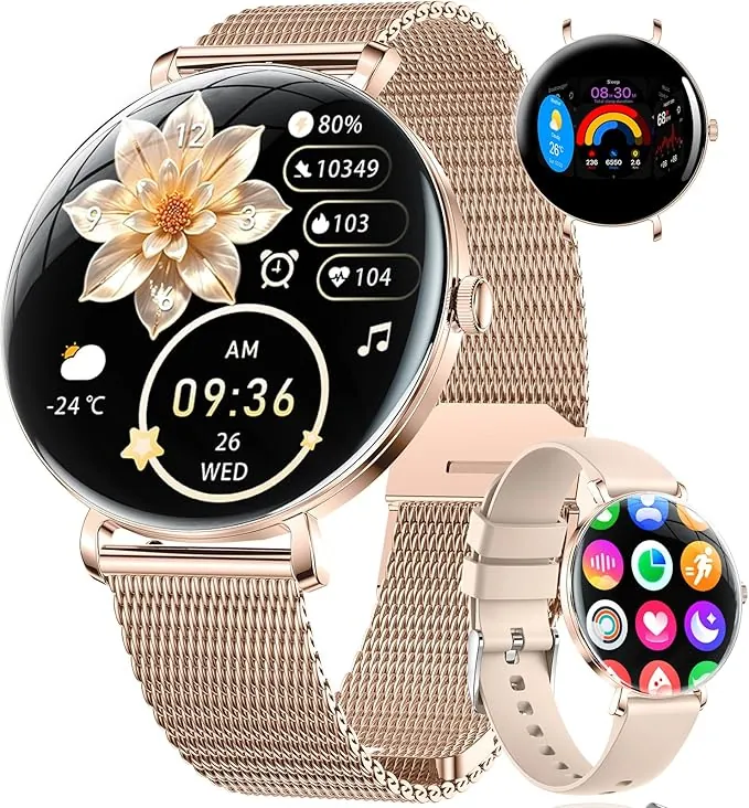 SUNKTA Reloj Inteligente Mujer Ligero con Pantalla Curva AMOLED Ultra Fina Bluetooth Llamadas IP68 Impermeable Podómetro/Frecuencia Cardíaca 100+ Modos Deportivos Elegante Smartwatch para Android iOS