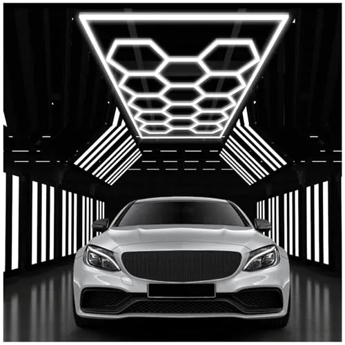 Lámpara de techo LED hexagonal para garaje-81pcs luces de tubo, 672W 6500K luces LED de techo conectables para taller, garaje, almacén, gimnasio,sala de lavado para el cuidado del automóvil (14-Hex)