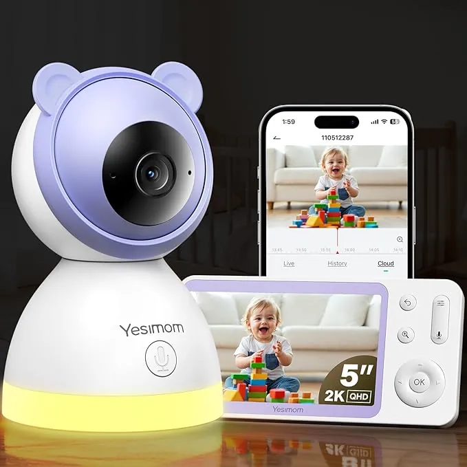 Camara Vigilancia Bebe 2K 3MP con 5" Monitor Portatil, Vigilabebes App Remota, 360° Visión Nocturna 940nm sin Luz Roja, Detección de Llanto,Recordatorio Alimentación, Sin Suscripción