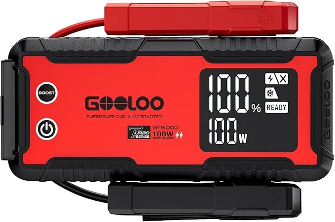 GOOLOO GT6000 Arrancador de Coches, 6000A de Baterias de Coche Supersafe Carga rápida Bidireccional de 100 W/12V Booster (para Todo de Gasolina o 10.0L de Diésel)