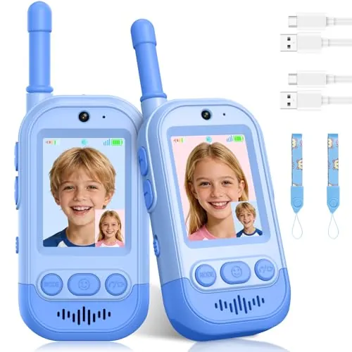 Video Walkie Talkie Niños(Set de 2), Gofunly Walkie Talkie Recargable con Videollamada, Cambiador de Voz, Cumpleaños Juguete para Niños y Niñas de 3 a 12 Años - Azul+Azul