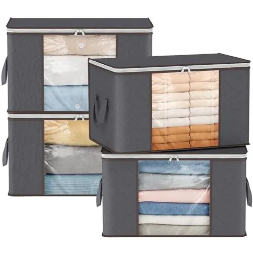 Lifewit Cajas Almacenaje Ropa, Bolsa almacenamiento ropa, Organizador Armario Plegable, Mudanza, Bolsas con Asa Reforzada para Guardar Mantas, Edredones, Gris, 60L, 4 Piezas