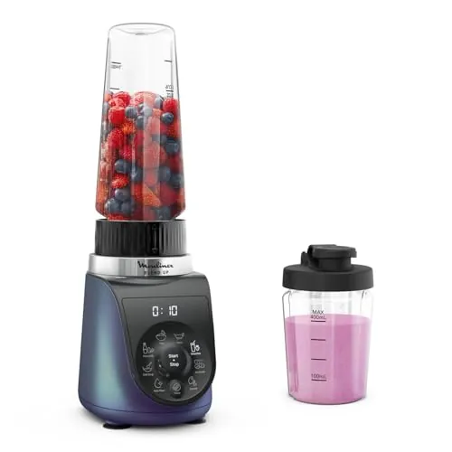 Moulinex Blend Up, Batidora personal potente 1000 W, 8 programas automáticos, pica hielo, ideal para batidos, smoothies y bebidas saludables, diseño compacto, jarra resistente, azul, LM19H4F0