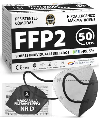 ADESTE – 50 Mascarillas FFP2 NR D Negras con Certificado CE, cadena controlada, elásticos cómodos, hipoalergénicos y regulables. Seguras: potencia de filtrado BFE >99,5%. Sobres individuales sellados