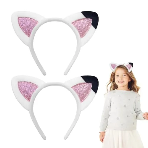 SEFIRST 2 Piezas Diadema con Orejas de Gato para Niños, Lindos Diademas para el Cabello de Gato, Accesorios para el Cabello con Purpurina para Carnaval, Fiesta Temática, Disfraces, Cosplay (Blanco)