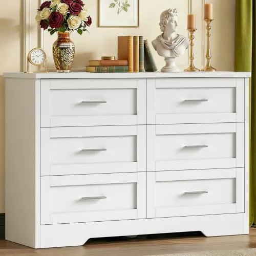 TEENFON Comoda Dormitorio 6 Cajones Blanca, Cómoda y Cajonera Multifunción para Dormitorio - Sinfonier Blanco de Gran Capacidad, Ideal para Salón y Entrada, 107x35x75.5 cm