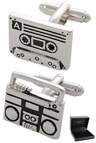 Gemelos Camisa Hombre Música - Con Caja - Gemelos para Camisas - Cinta de Cassette Retro y Reproductor de Cassette - Latón - Radio DJ Grabadora - Color Plata y Negro - Un Par