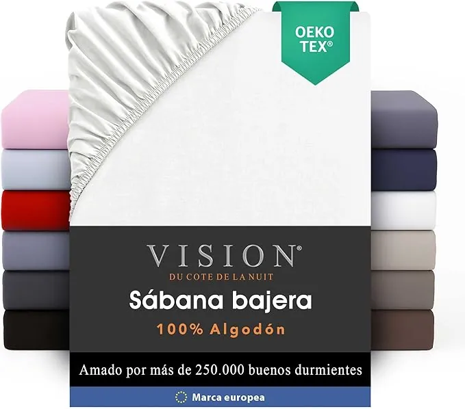 VISION Sábana Ajustable - 100% algodón - Cama Doble (150 x 200 cm) - Esquinas elásticas - Se Adapta a colchones de hasta 30 cm - Certificación Oeko-Tex - Lavable a máquina - Color: Blanco