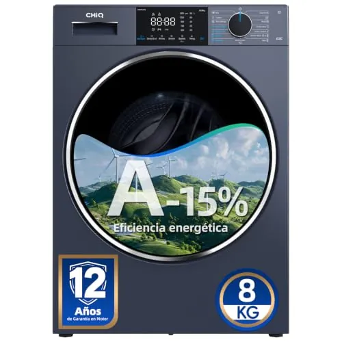 Lavadora de carga frontal CHiQ CW8728X 8 kg, gris, Clase energética A-15%, diseño Pure Flat ahorro de espacio, tambor extraancho 530 mm, 1400 RPM, lavado a vapor, One-Touch Smart Wash