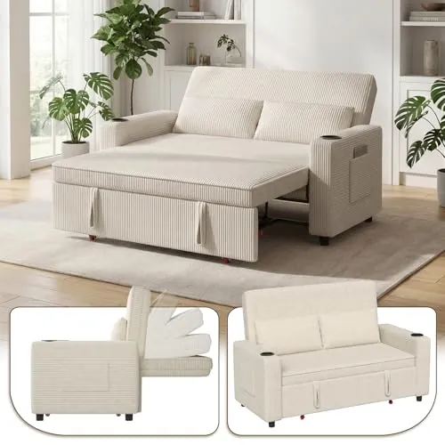 Devoko Sofá Cama Convertible, Loveseat de 2 Plazas con Descansaespaldas Ajustable, Sofá de Salón,Sofá Pequeño Retráctil de Tela de Corduroy Moderna, Color Beige, para Sala de Estar y Dormitorio