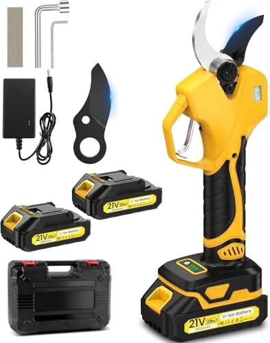Tijeras De Podar Electricas, 50mm Tijeras De Podar Bateria,Con pantalla, motor brushless de 1000W, 2 baterías de 2000mAh, 2 cuchillas SK7, 1000 cortes por carga, Cizallas eléctricas para poda