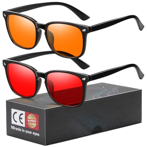 Okany Set 2 Gafas Luz Azul Día y Noche: Ámbar y Rojas para Hombre Mujer