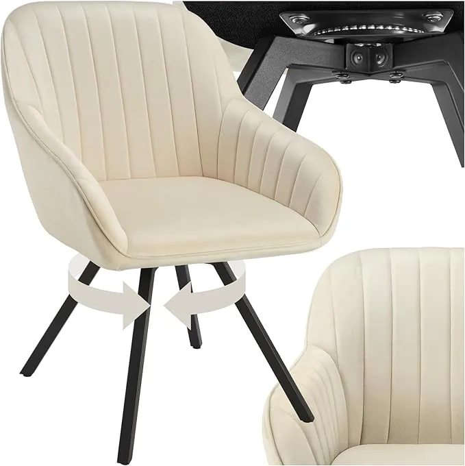 tectake® Sillas de Comedor Giratorias con Funda de Terciopelo, Acolchada, Respaldo Continuo, Silla Dormitorio, Silla con reposabrazos, sillas nordicas, Muebles Salon Modernos - 1 Silla Crema