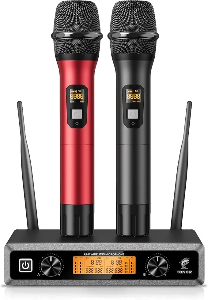 TONOR Micrófono Inalámbrico Dual Sistema de Micrófono Inalámbrico de Mano Profesional UHF, Set KTV Hogar para Karaoke, DJ, Fiesta, 60 Metros, TW820, Negro y Rojo