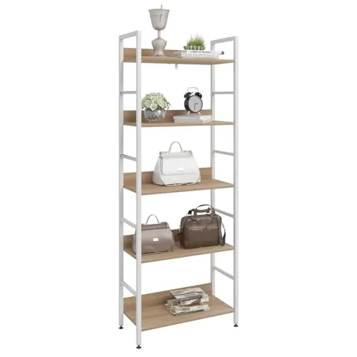 WOLTU Estantería Librería de Pie de Almacenaje | para Salon/Dormitorio/ Cocina, 60x27,5x160 cm, Marco Metalico, Blanco+ Roble Claro